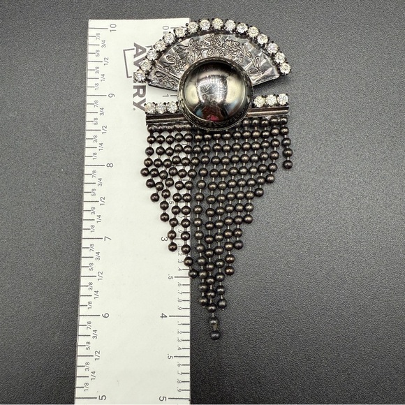 Vintage Art Deco Black Metal Fan Tassel Brooch with Dangly Chain Strands - Picture 10 of 17